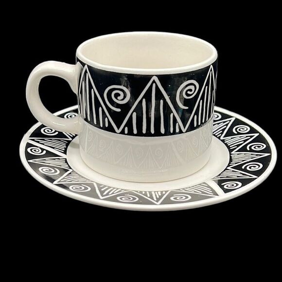 Mug & Saucer Majesticware by Oneida Shadow Black White Eclectic Stoneware 8 oz - Picture 1 of 11